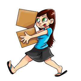 [Image is of a person with long brown hair, light skin, flip flops, a blue shirt, and a black skirt carrying two boxes. The boxes look like they might fall and the person is nervously sticking their tongue out.]
