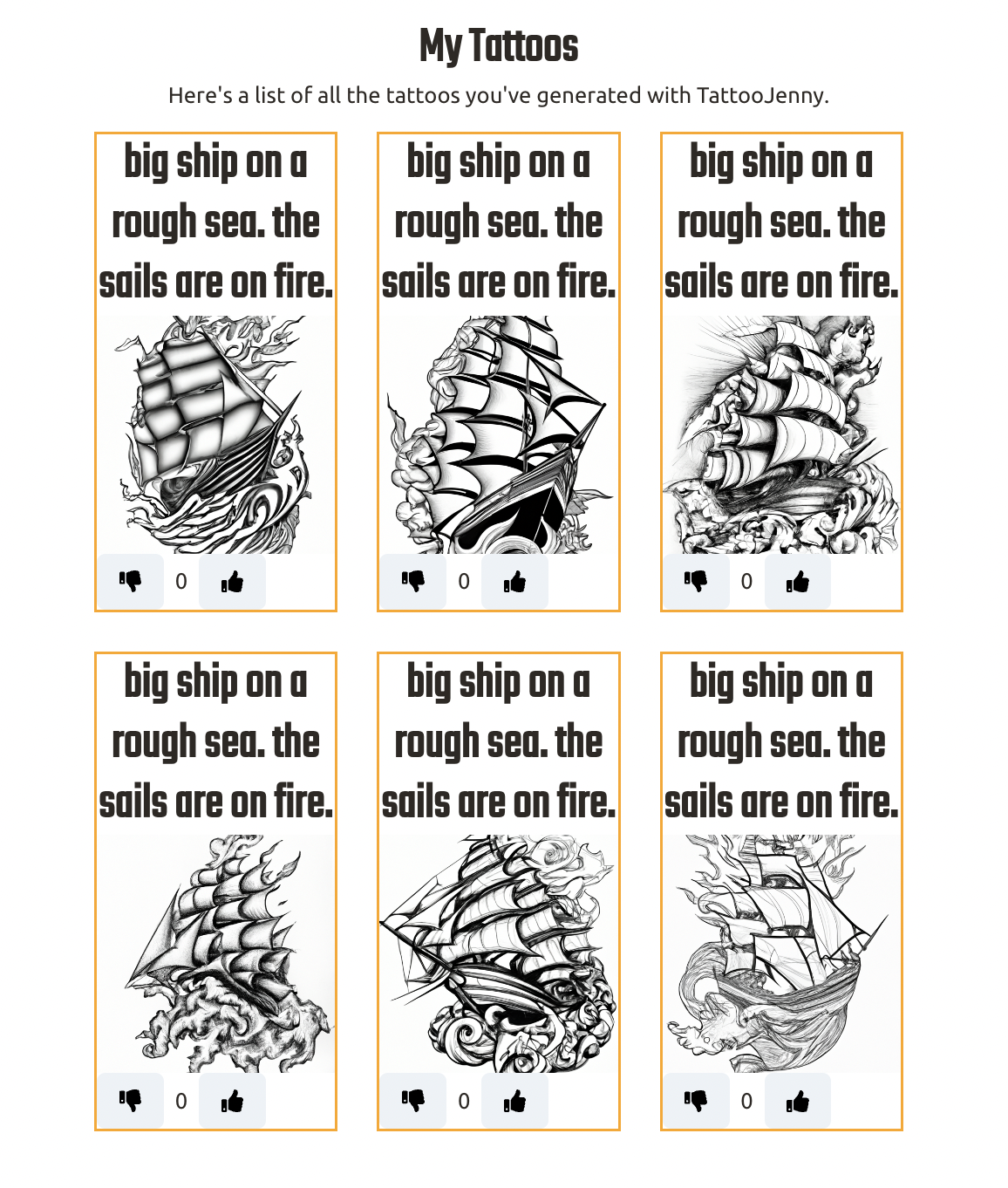 6 images of a ship on rough waters, the sails are on fire. Every design is in black and white and have an american traditional style.