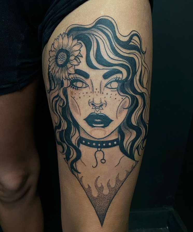 Leo Sign Girl Face Tattoo Design