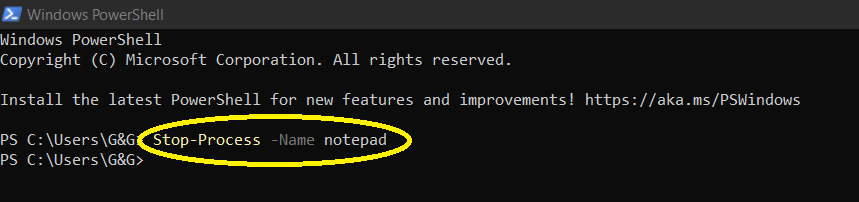 How to stop a process named "notepad.exe", the following command could be used: Stop-Process -Name notepad.exe