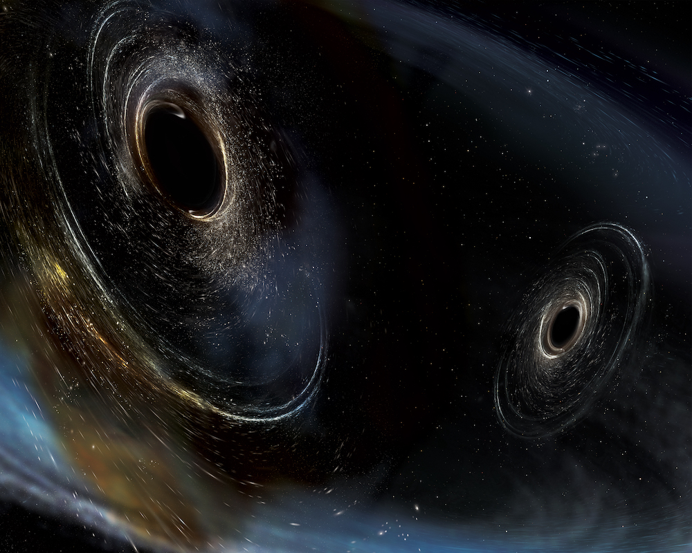 Two black holes are about to collide and merge into one which will trigger gravitational waves.