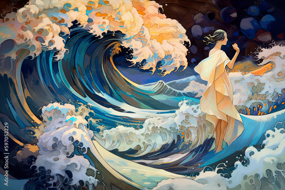 This is an illustration of a sea goddess standing amongst the strong tides of the ocean