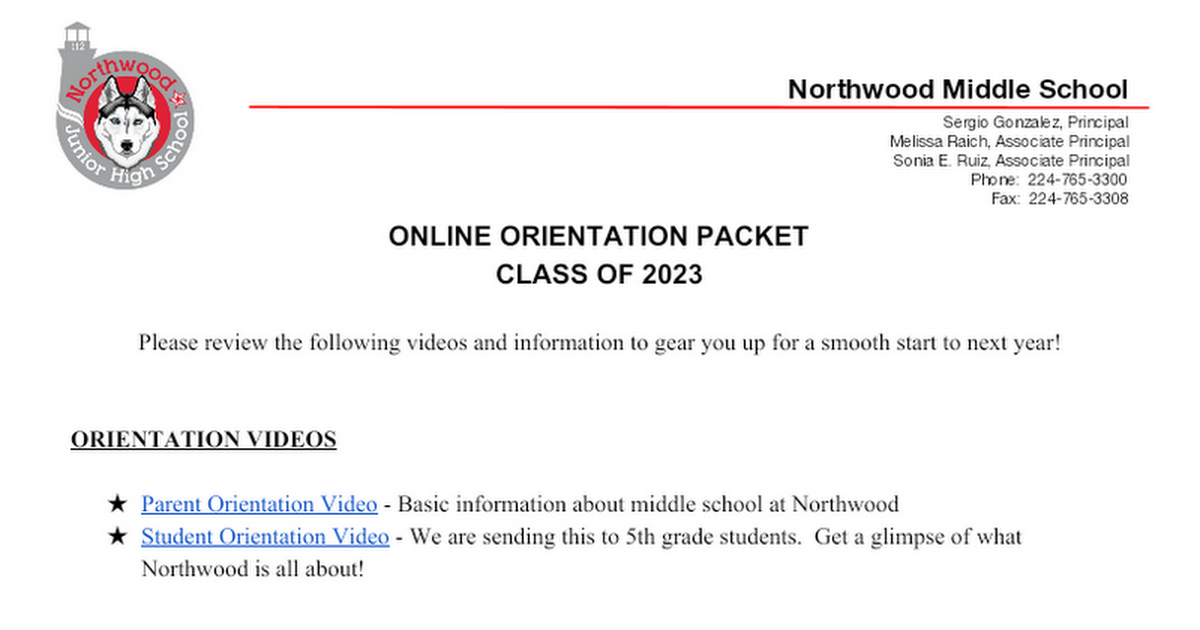 Northwood 5th Grade to 6th grade Parent Orientation Packet 2020-2021
