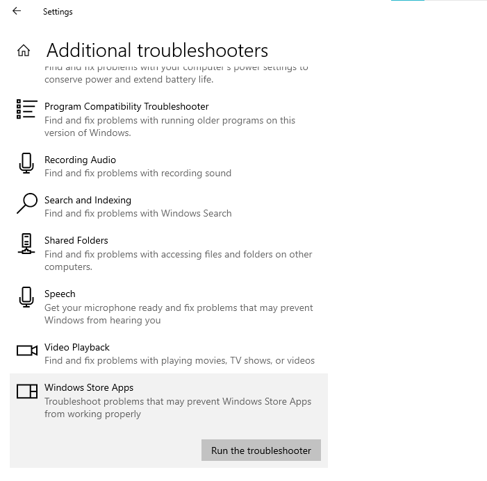 Running troubleshooter on Windows Store Apps