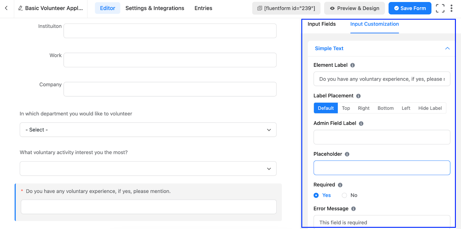 wordpress, form editor, input customization