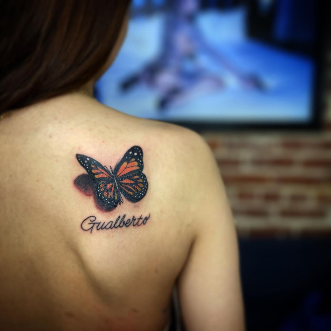 3D Butterfly Tattoo On Back Shoulder