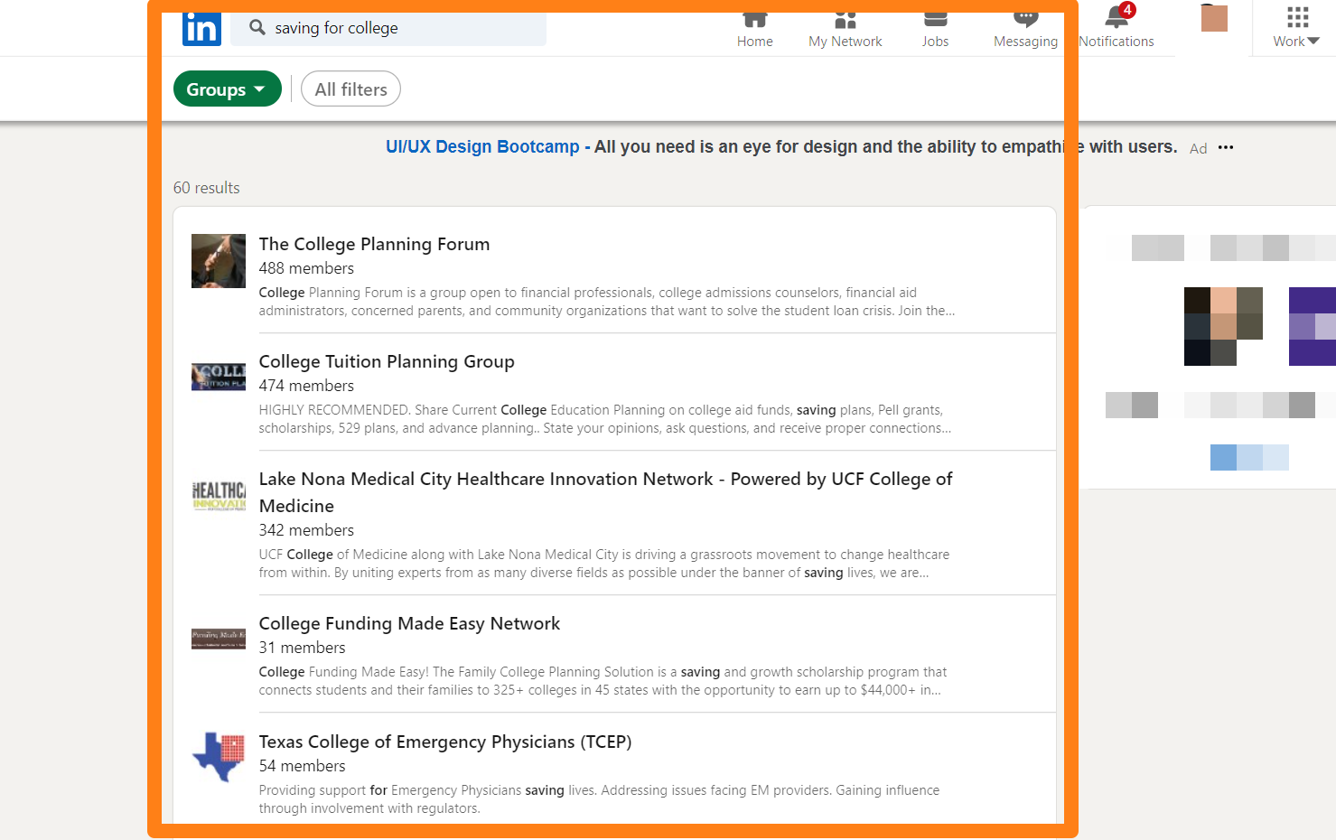 LinkedIn example of online groups and forums related to college planning.