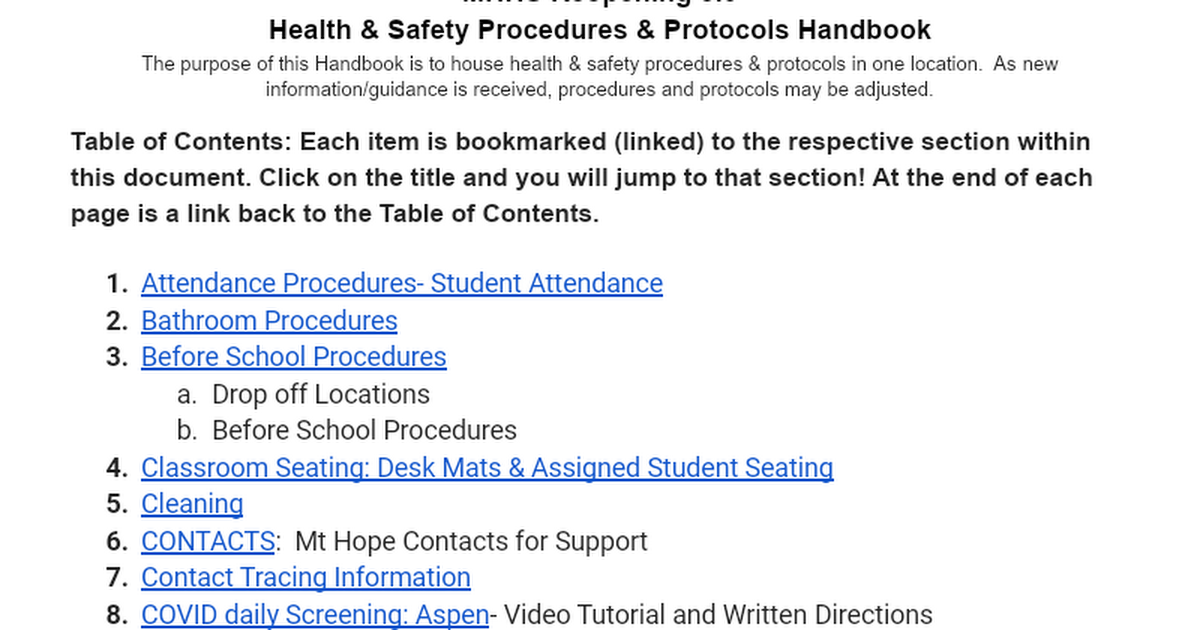 MHHS Health & Safety Procedures & Protocols Handbook- Reopening 3.0 