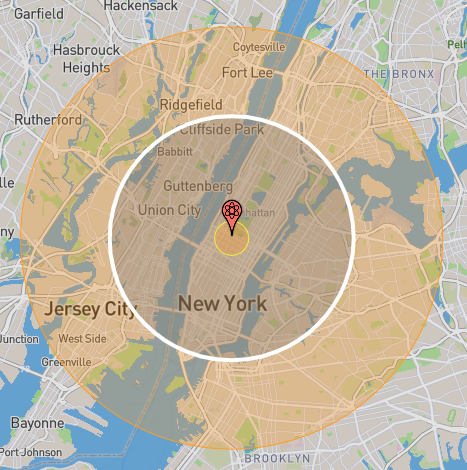 The the circle with the white border indicates the zone of moderate blast damage radius (5 psi): 7.03 km (155 km²) from a 1,000 kiloton warhead, link to nukemap