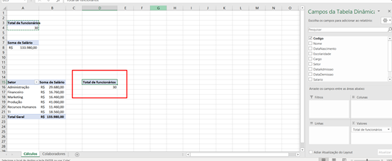 Copiando a informação Total de Funcionários para criação de dashboard