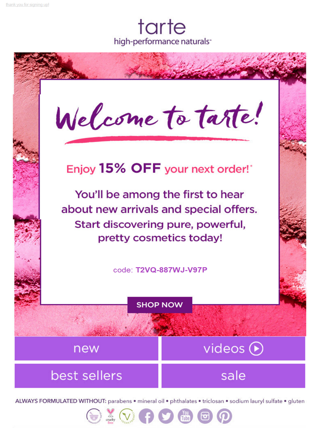Tarte account creation email