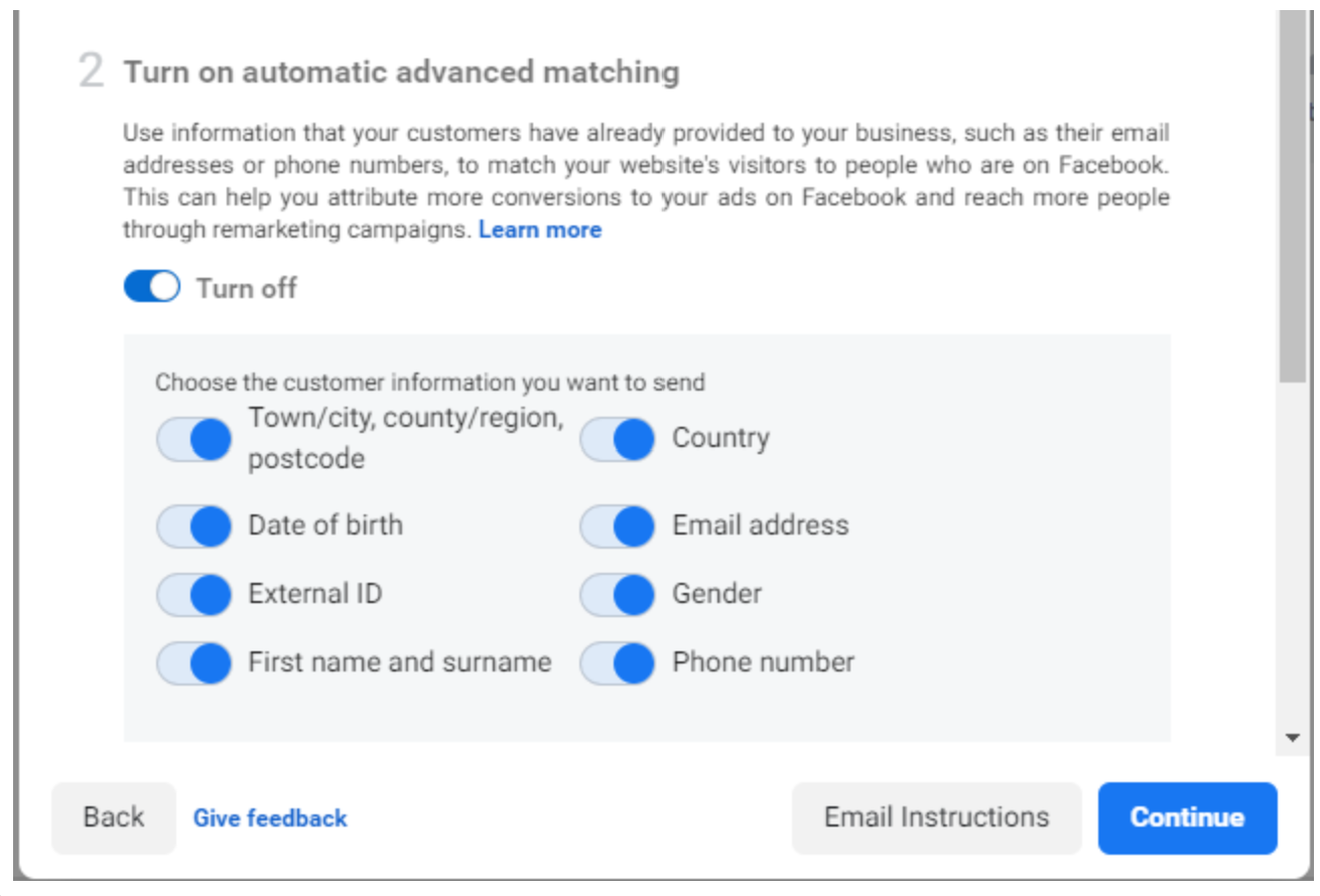 Shopify Facebook Pixel automatic advanced matching setup