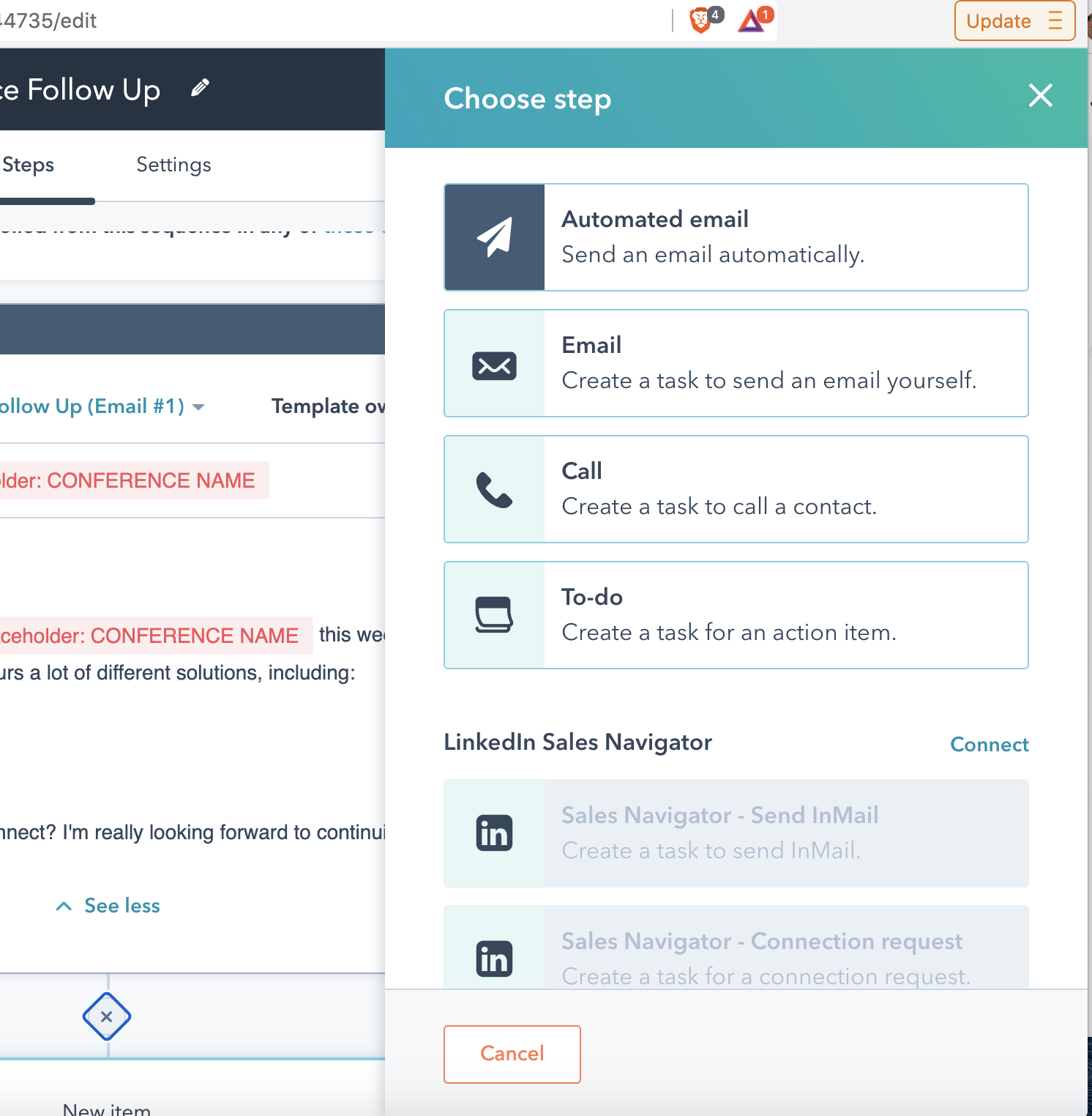 Selecting steps for a sales sequence in HubSpot