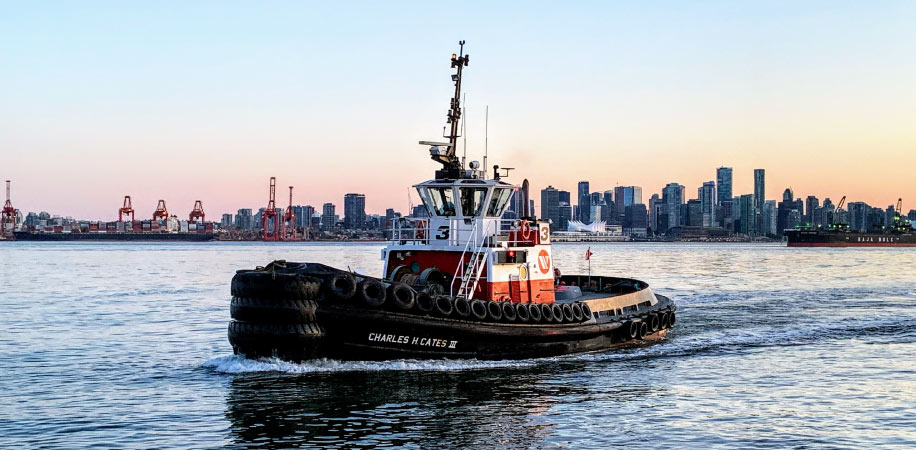 A boat in Vancouver Harbour near Lower Lonsdale in North Vancouver, Canada