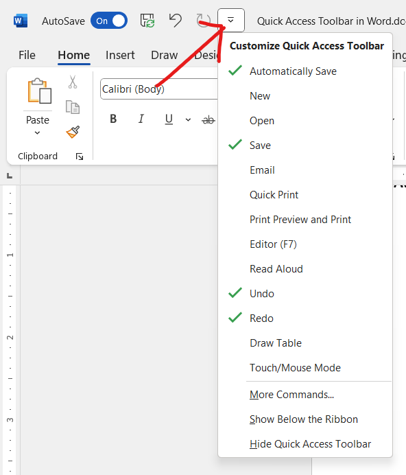 Customizing the Quick Access Toolbar in Word 
