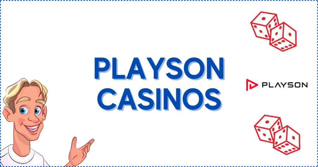 Image for the section Playson Casinos: An Introduction. It shows the Casinoclaw mascot, the Playson logo, and pairs of dice. 
