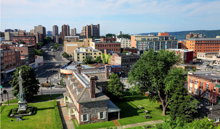 Aerial view of the city of Yonkers, New York, on a bright day. 
