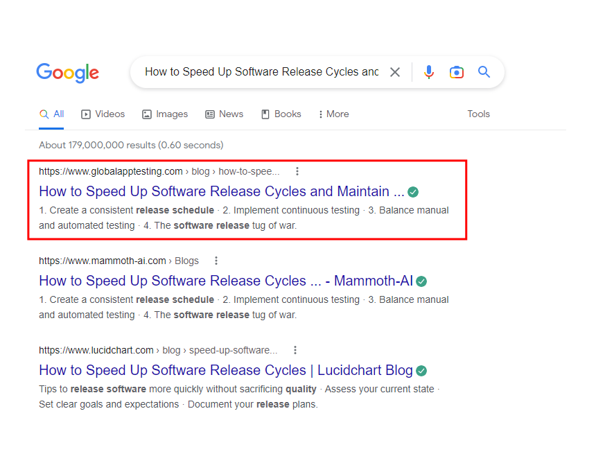 a screenshot of a google search about how to speed up software release cycles and maintain quality