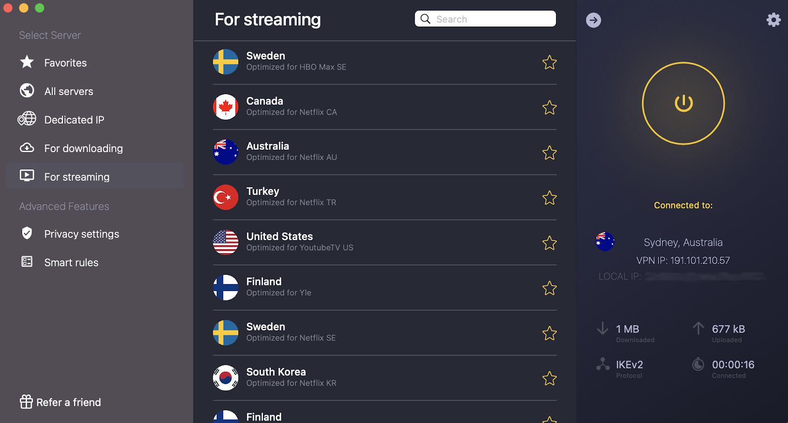 Screenshot of CyberGhost VPN interface showing the user connected to the Australia Netflix streaming-optimized server