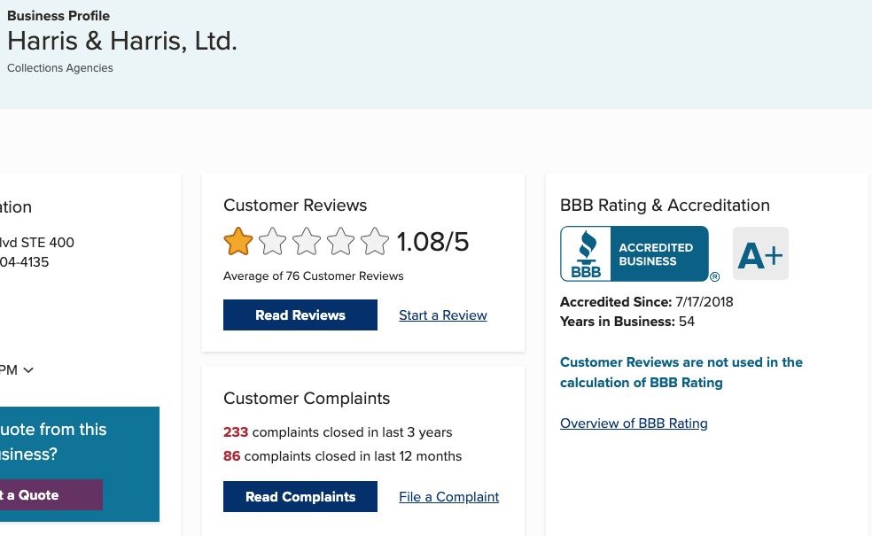 Image shows BBB reviews and rating for Harris and Harris.