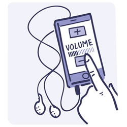 Illustration of a finger turning down the volume on an audio player with ear buds. 