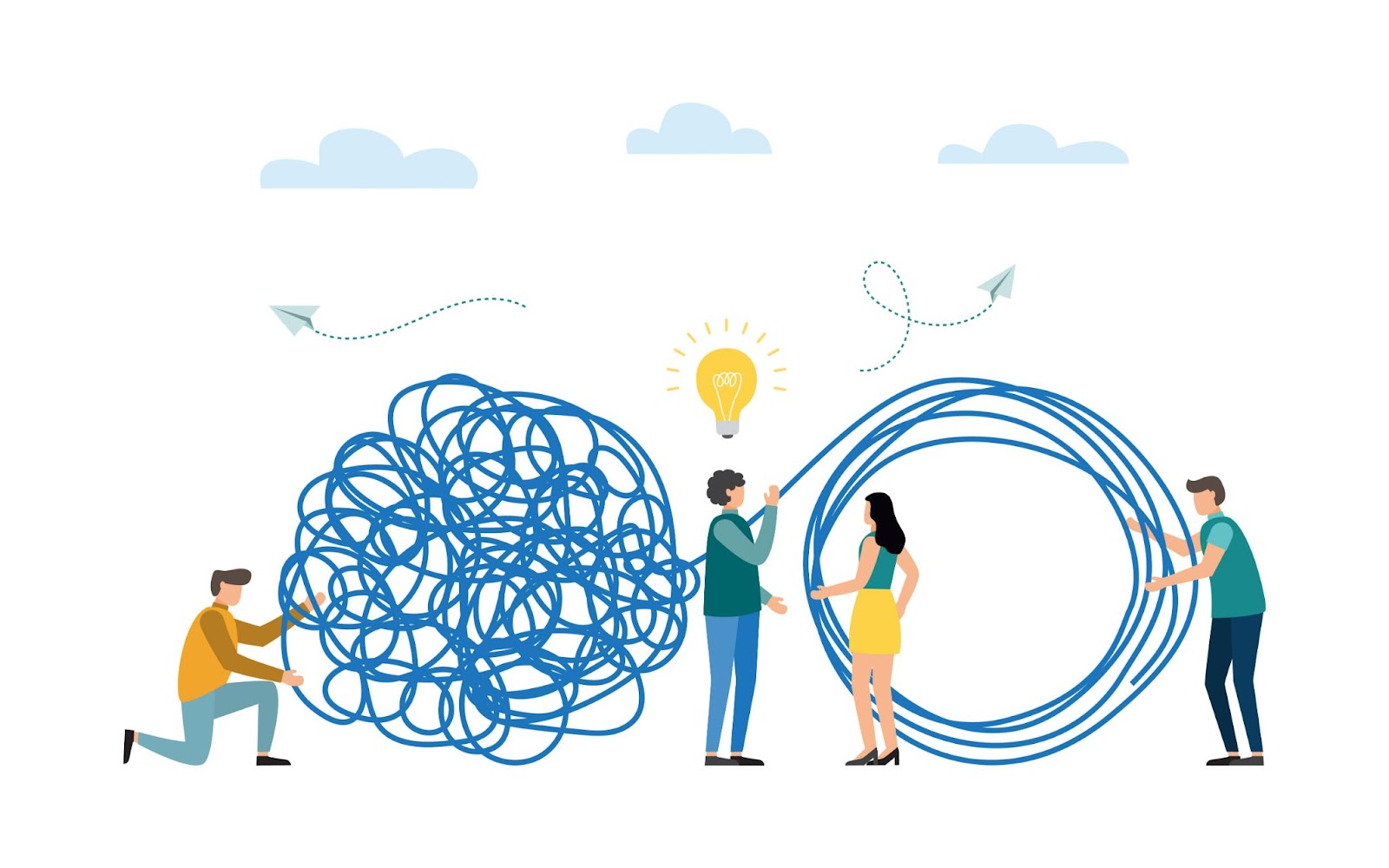 An illustration of some people untangling a giant ball of string.