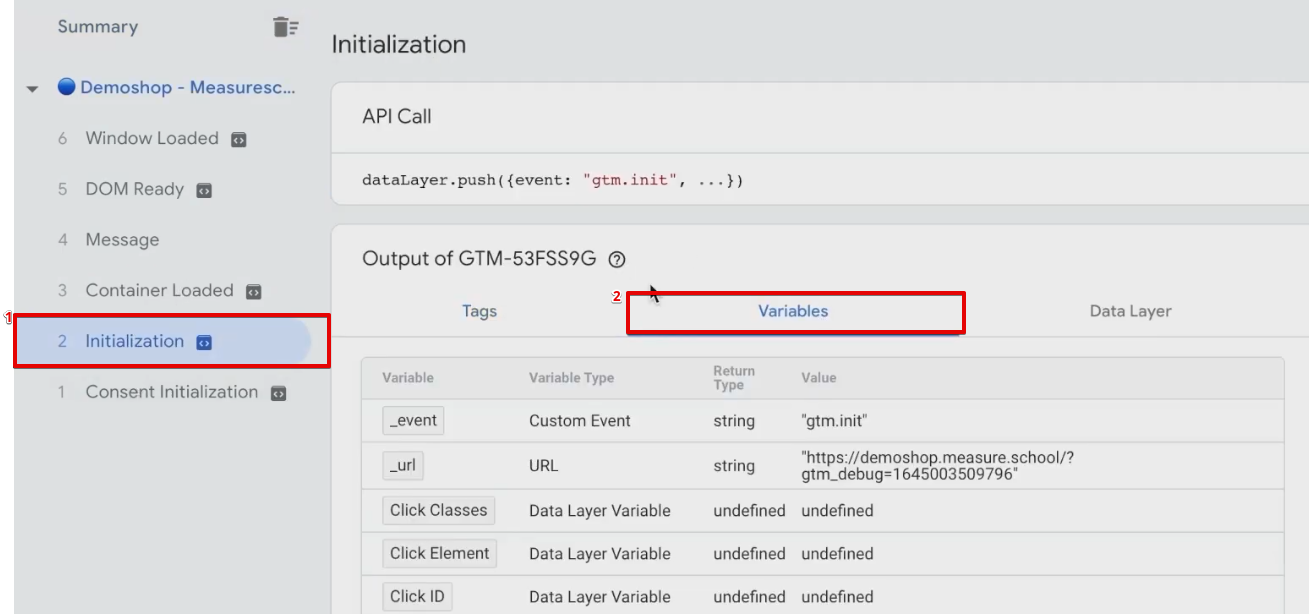 Navigating to the variables section from the initialization Tab of GTM preview mode