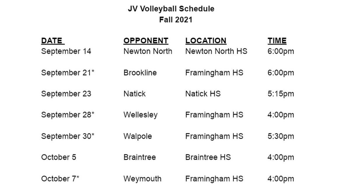 JV Girls Volleyball Schedule 2021