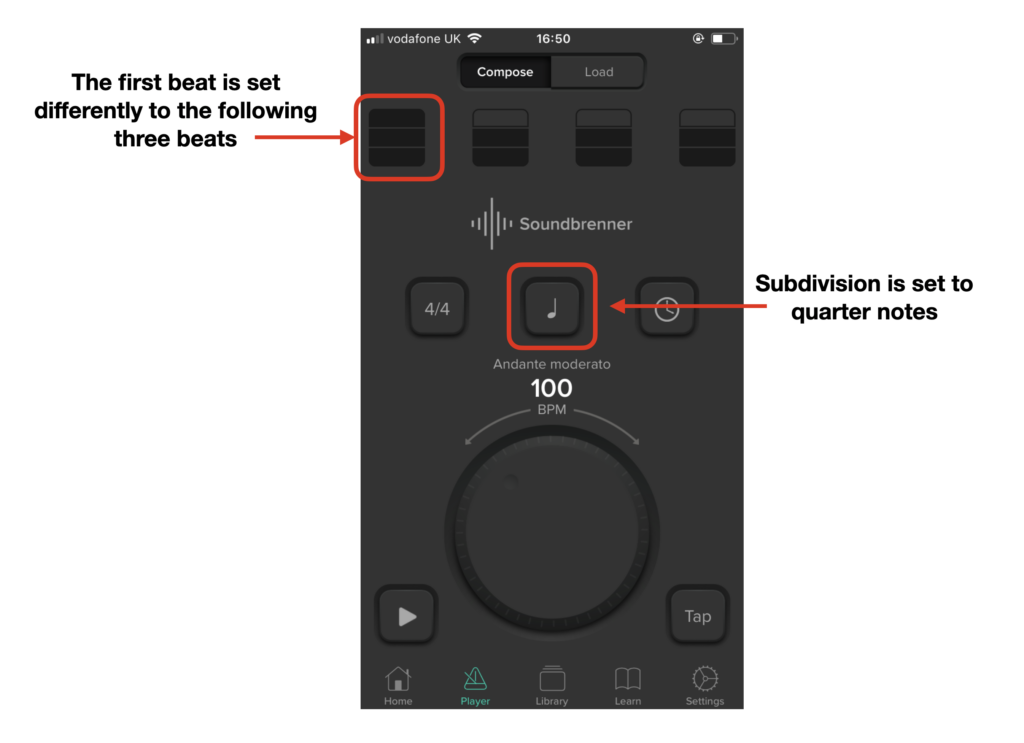 This image shows how to change the subdivision and beats on Soundbrenner.