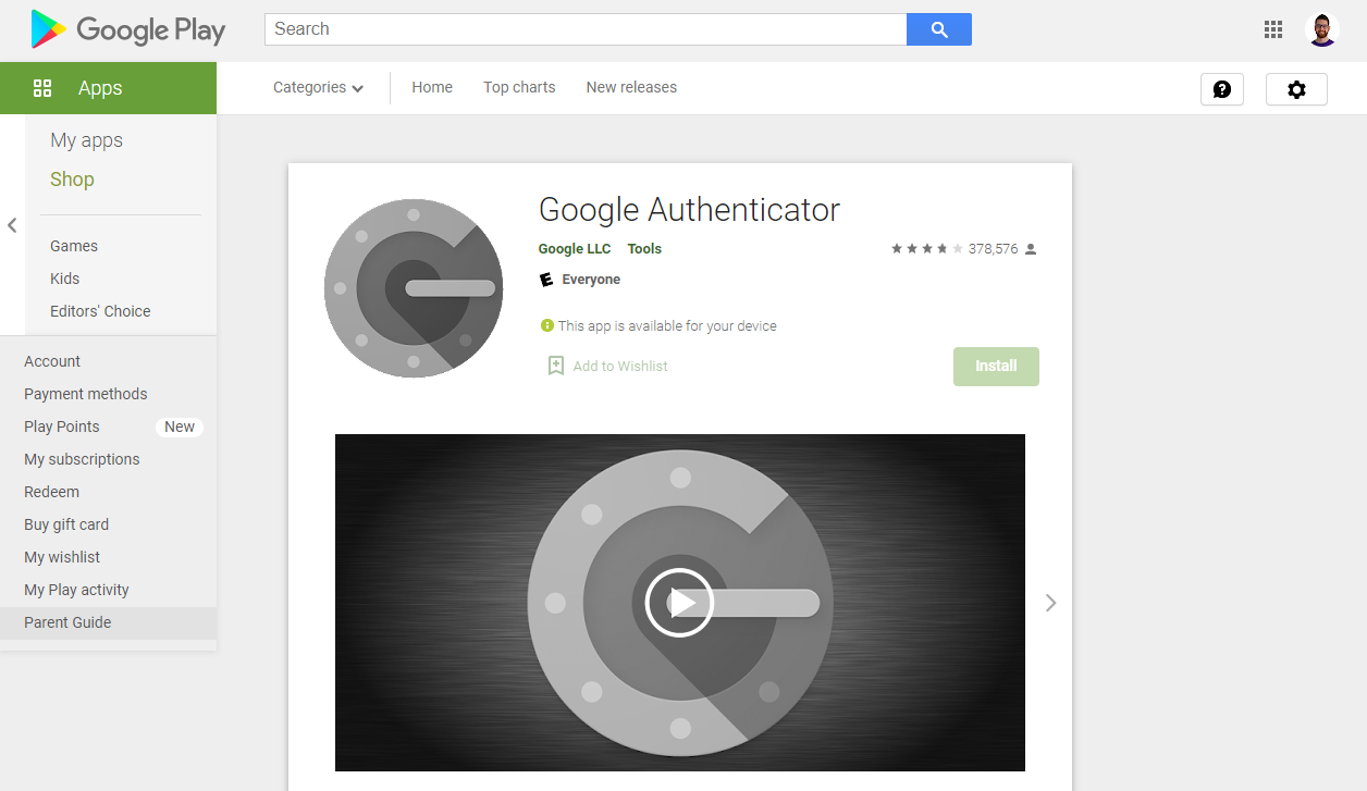 Página do Goole Authenticator na loja de aplicativos da Google