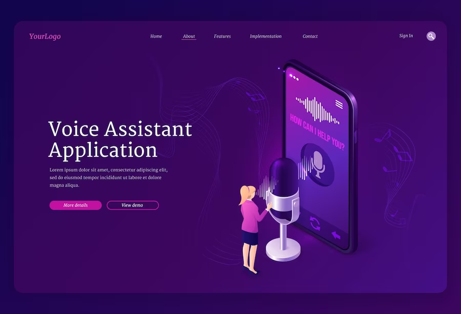 Voice assistant application isometric landing page