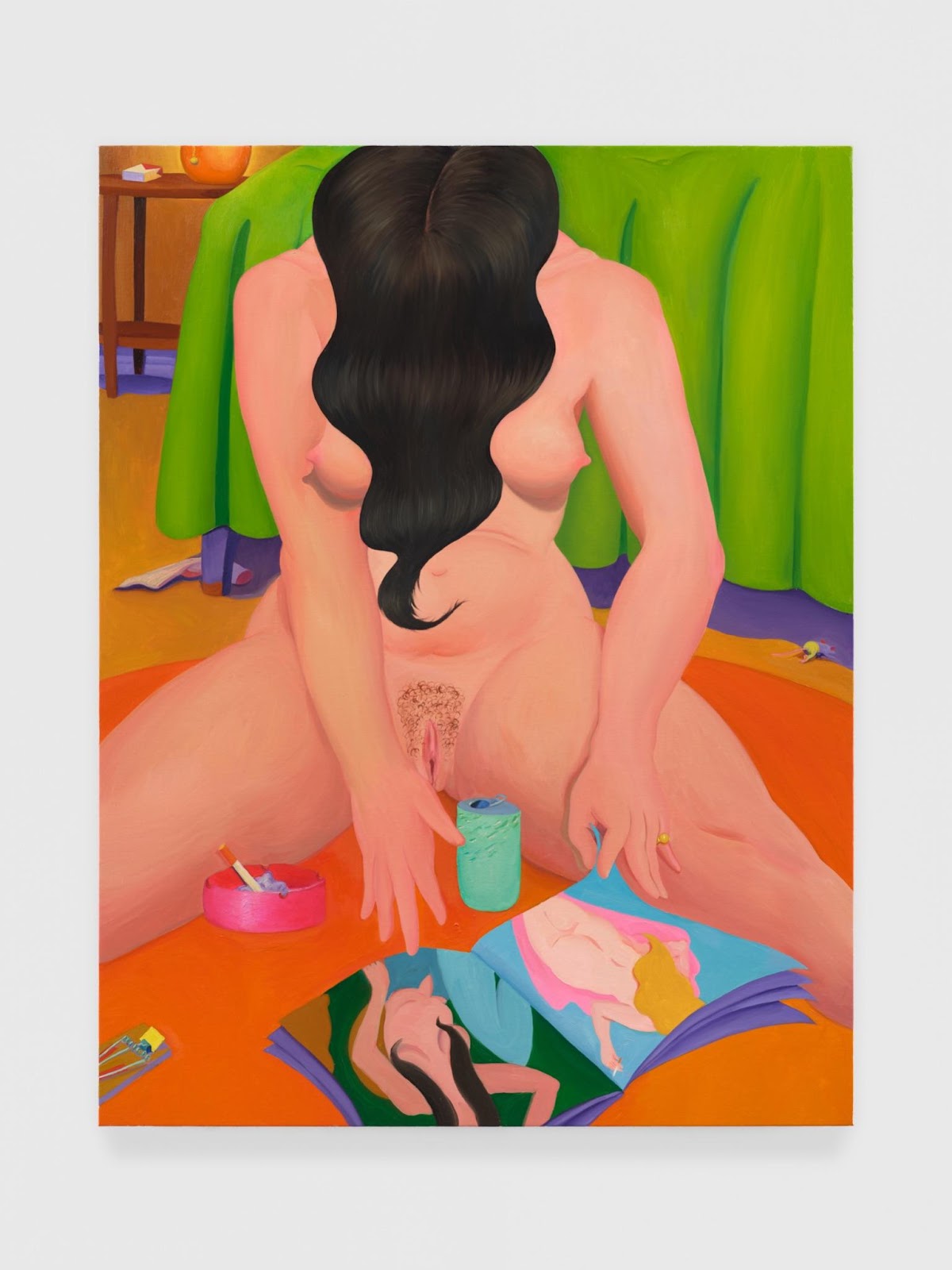 A painting of a light-skinned nude woman seated with her legs open. Her head is down, and her long dark brown hair covers her face and hangs between her breasts. She reads a pornographic magazine and has a blue can open in between her legs, along with a pink ashtray with a cigarette in it, and a mousetrap in front of it. She is sitting on the floor, and a bed with green sheets is behind her. A lone sock peeks out from under the bed.