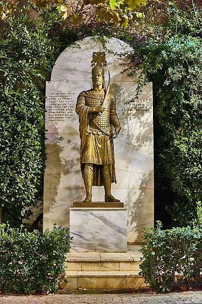 A modern statue of the last Byzantine emperor Constantine XI Palaiologos (1405-1453) in Mitropoleos Square