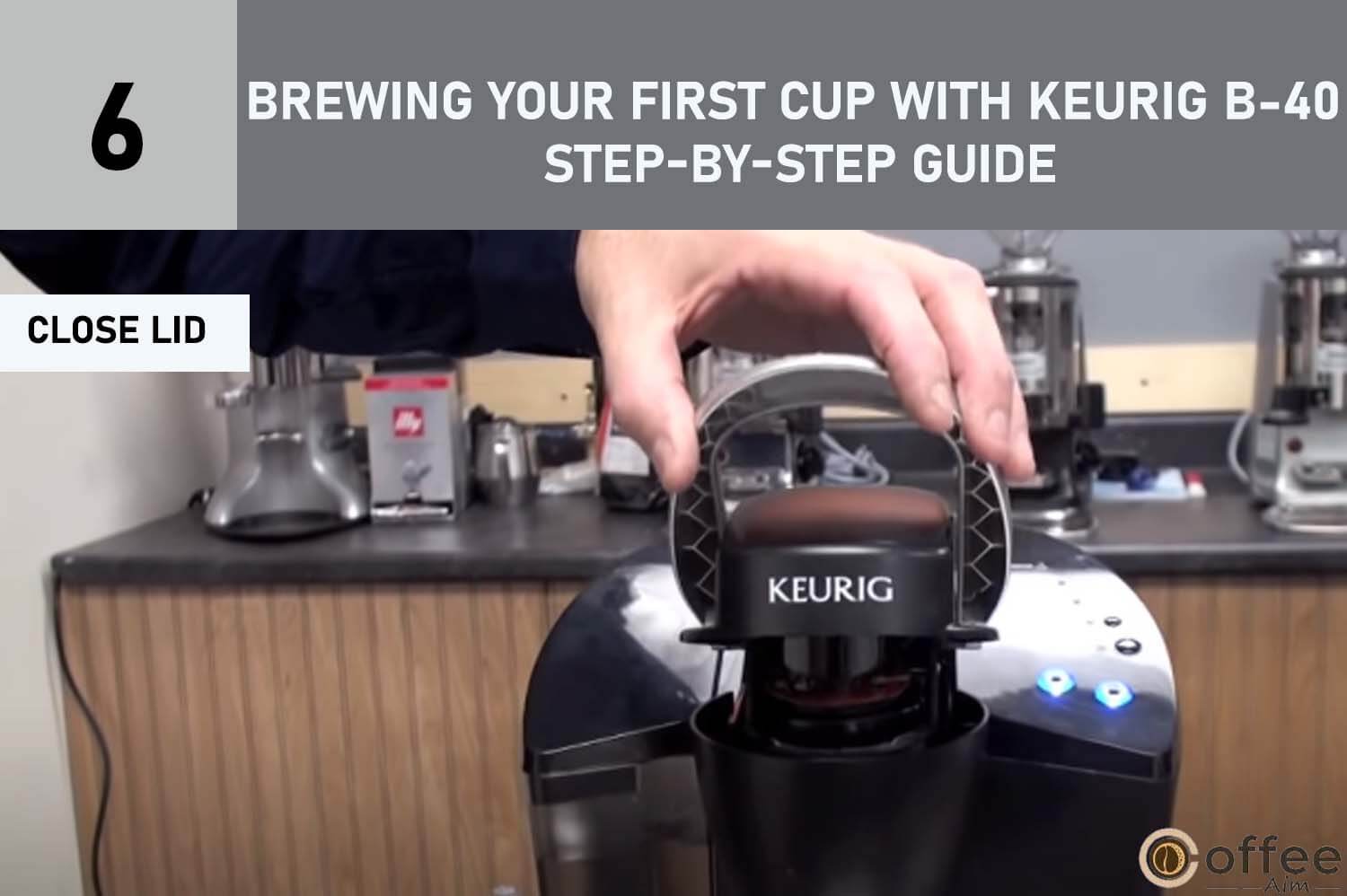 The depicted illustration illustrates the action of "Closing the Lid" as an integral step under the comprehensive guide titled "Brewing Your First Cup with Keurig B-40 - Step-by-Step Guide" for the informative article on "How to Utilize the Keurig B-40"