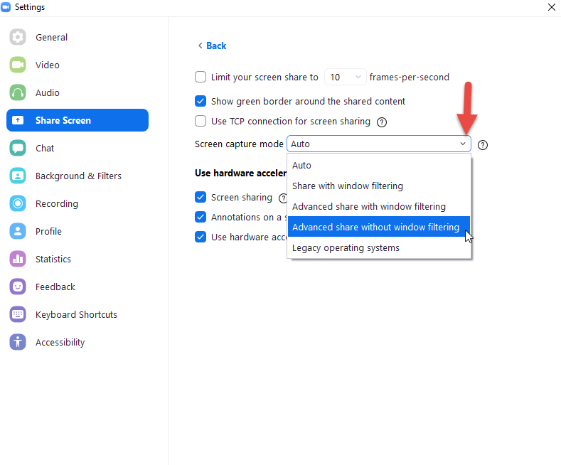 drop down menu > advanced share without filtering