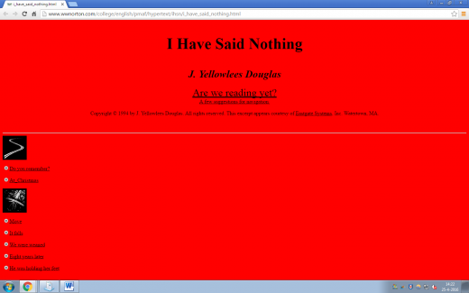 Screenshot of "I Have Said Nothing" by J. Yellowlees Douglas. The page is a red background with black font. 