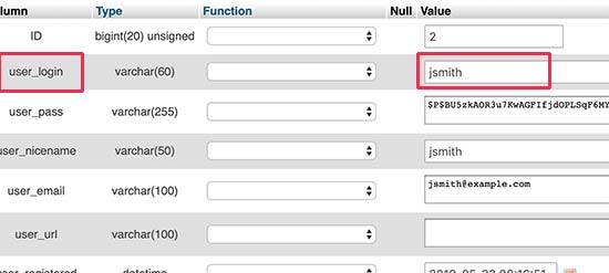 Alterar o nome de usuário do WordPress no phpMyAdmin