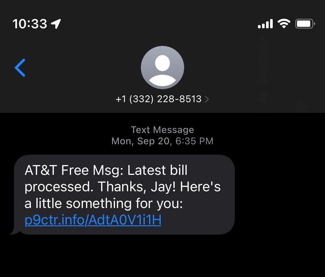 SMS phishing AT&T free msg latest bill processed