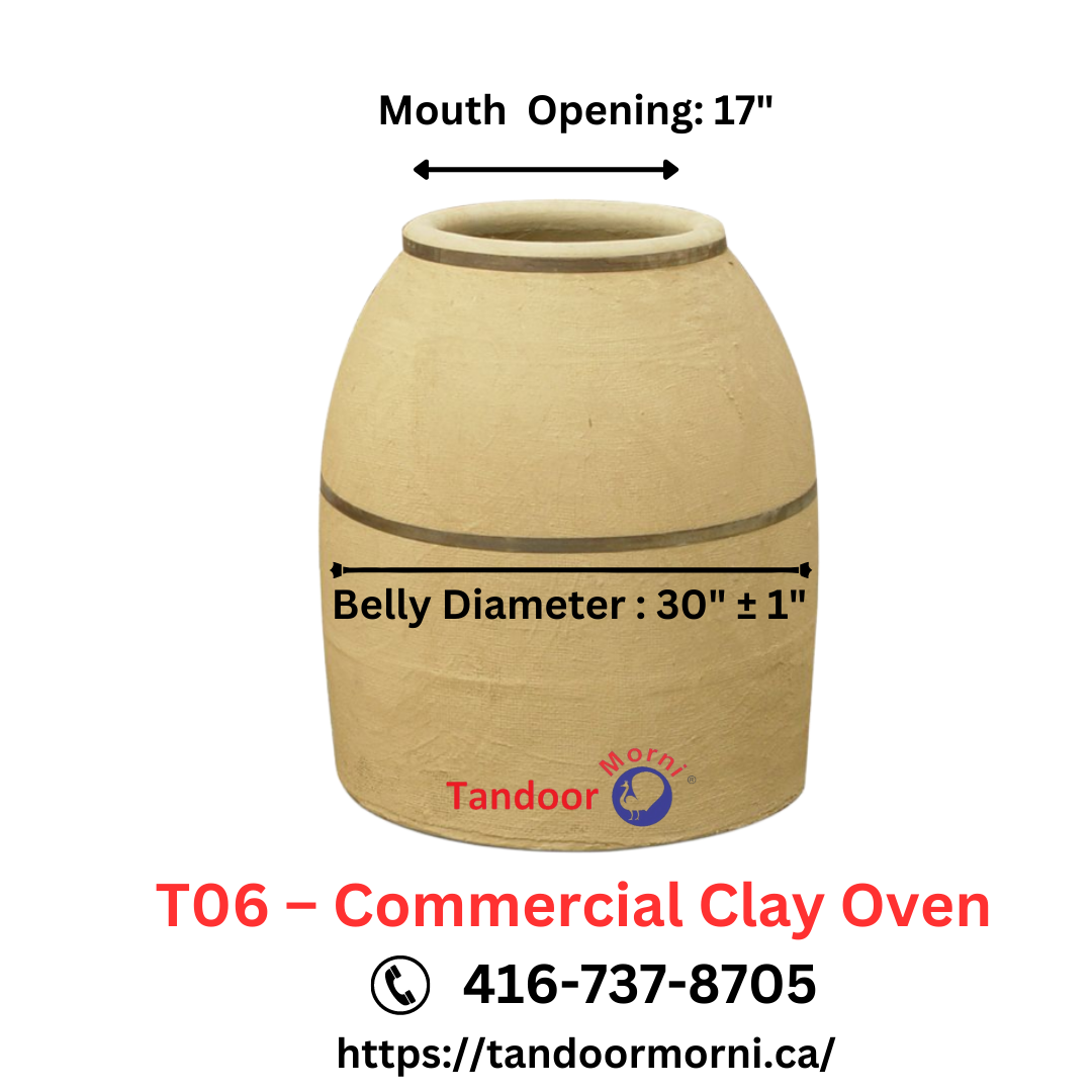 Image of a T06 Commercial Clay Oven: A traditional, large clay oven with a domed shape and an opening in the front for placing food inside. The oven is made of clay bricks and features intricate designs on the exterior