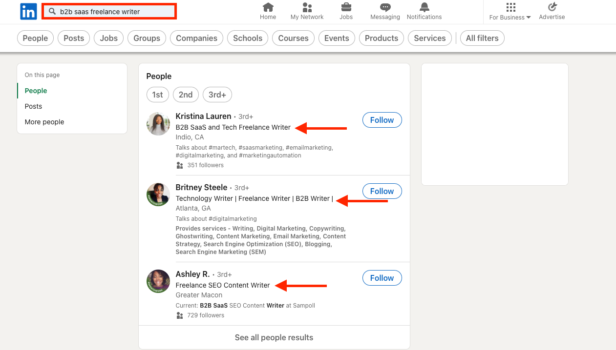 LinkedIn search for b2b SaaS freelance writers. 