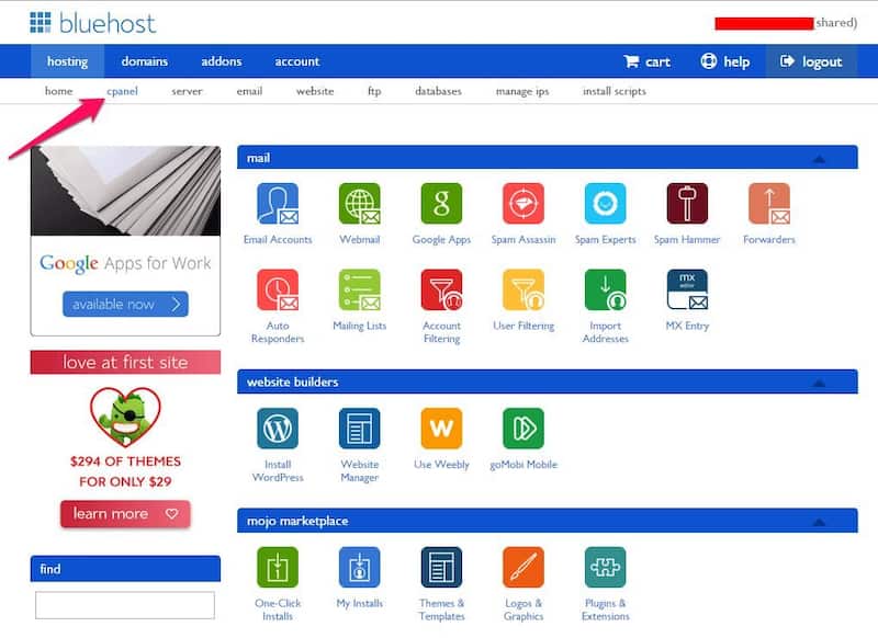 Siteground frente a Bluehost: Bluehost cPanel