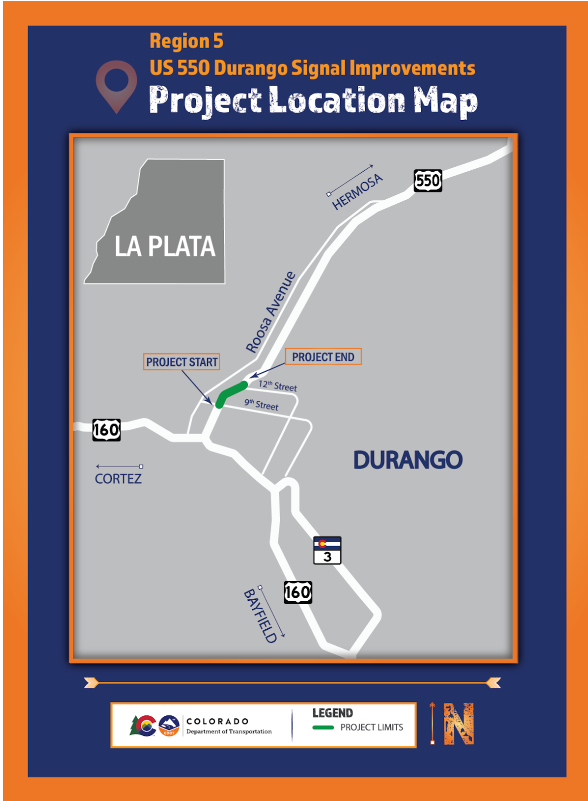 Map of project location on Camino del Rio (US 550) near Town Plaza in Durango