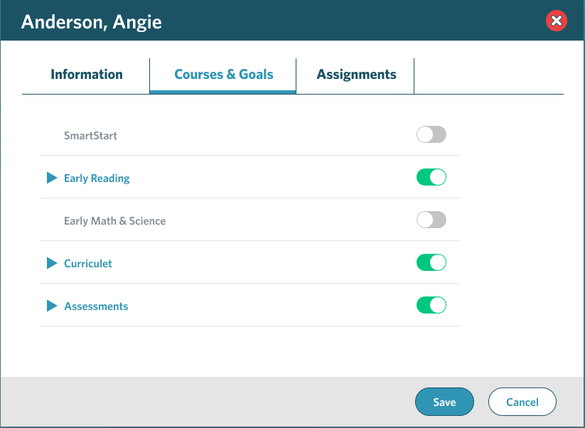screenshot of an individual Courses & Goals window