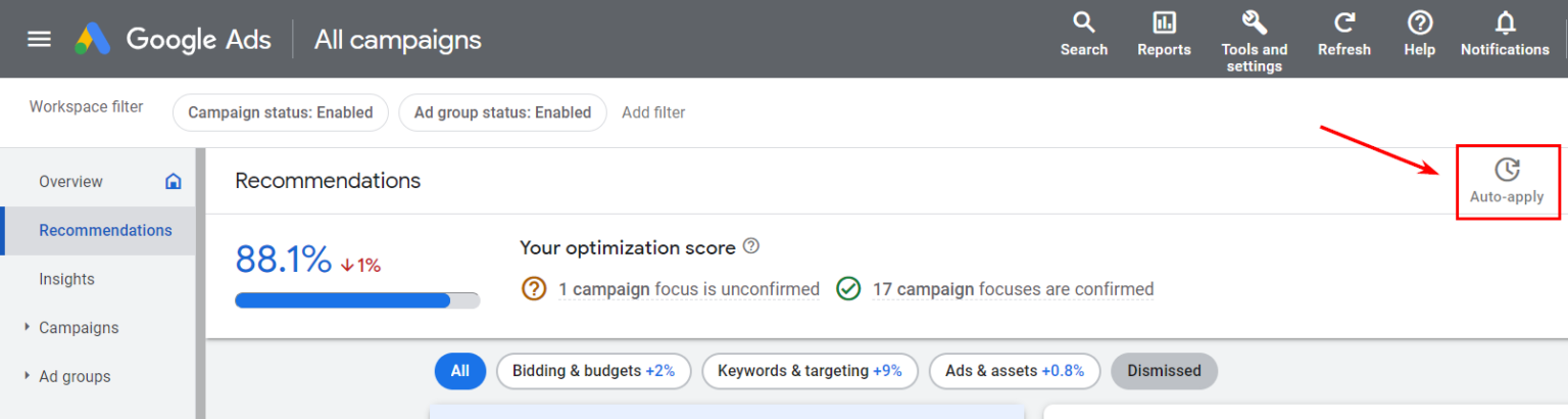 Рекомендации Google Ads, автоматические рекомендации