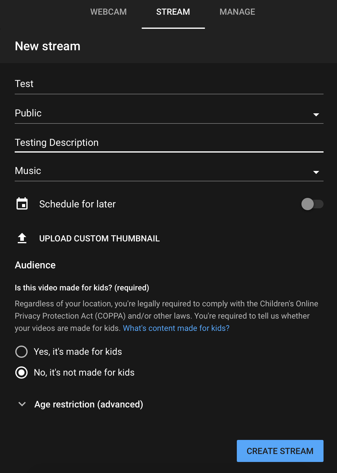Figure 109.1: Setting up a new stream