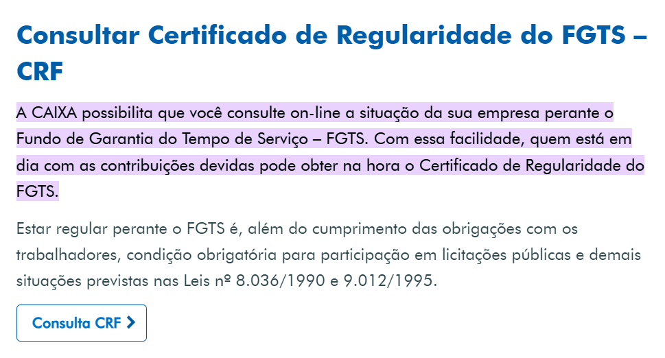 Trecho da página da Caixa com botão sinalizado para consulta do Certificado de Regularidade do FGTS