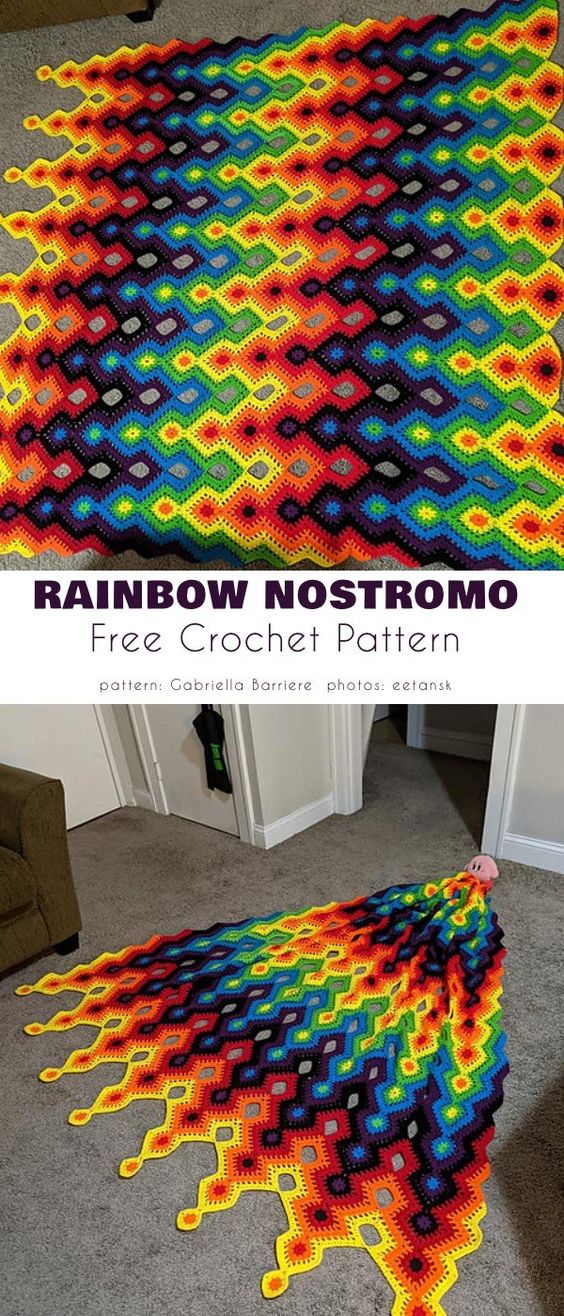 rainbow-colored crochet blanket with optical illusion motif