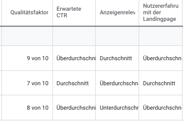 Screenshot Qualitätsfaktor Google Ads mit CTR, Anzeigenrelevanz und Nutzererfahrung mit der Landingpage