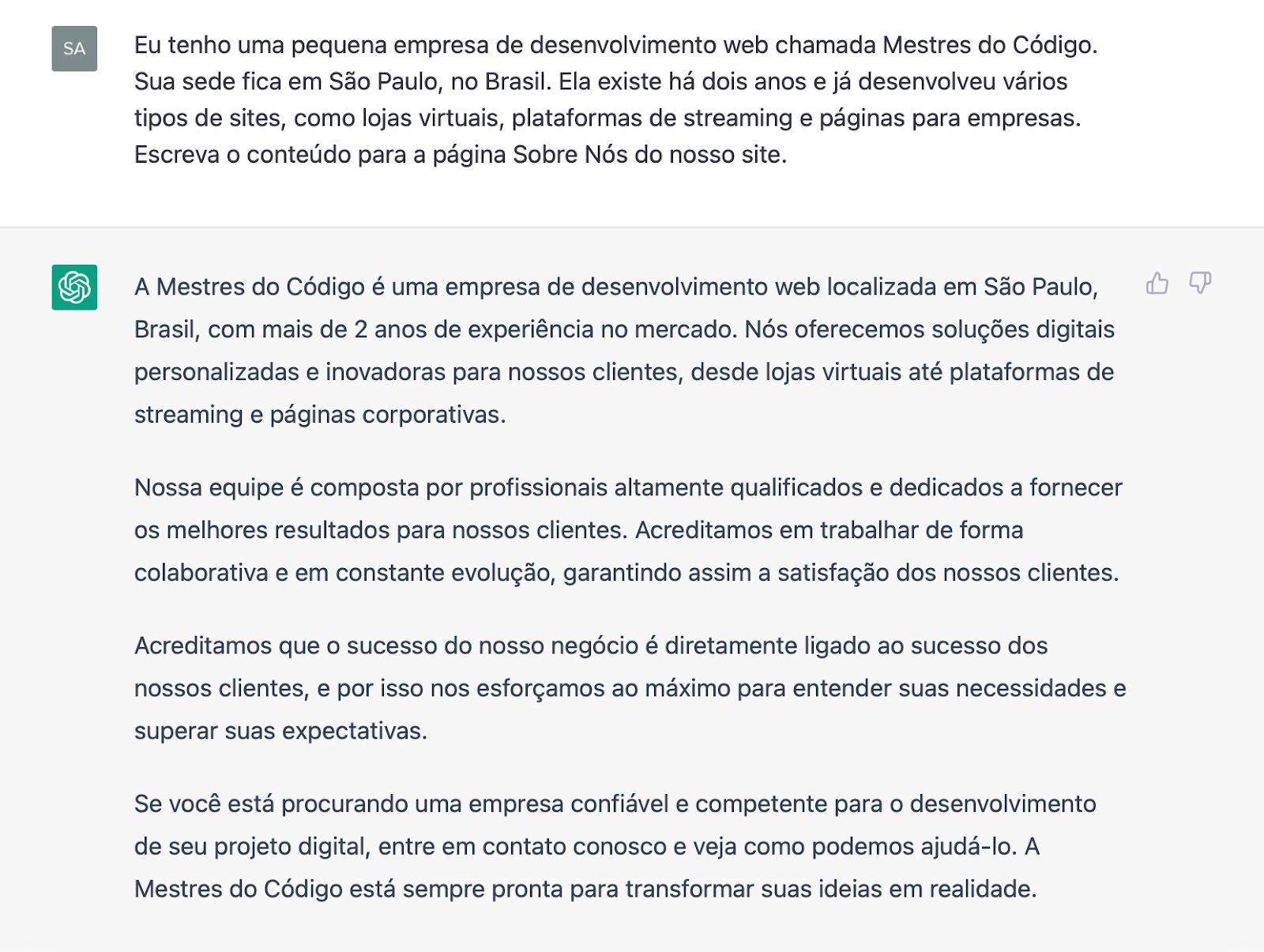 chatgpt criando texto para página sobre nós de site de empresa