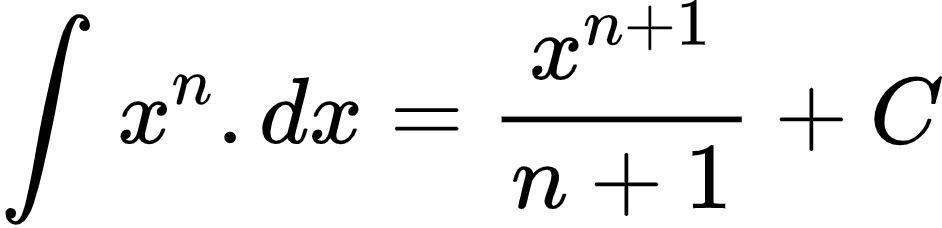 {"code":"\\begin{align*}\n{\\int_{}^{}x^{n}.dx}&={\\frac{x^{n+1}}{n+1}+C}\t\n\\end{align*}","font":{"color":"#000000","family":"Arial","size":10},"type":"align*","id":"3-1-1-1-1-2-0","ts":1603630281755,"cs":"uAX1gKhKdXL9rX4zZpMneg==","size":{"width":156,"height":37}}